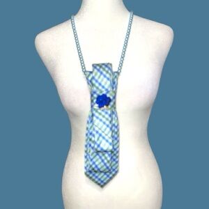 “Dainty Dapper”Blue and Green striped necktie Necklace with brooch
